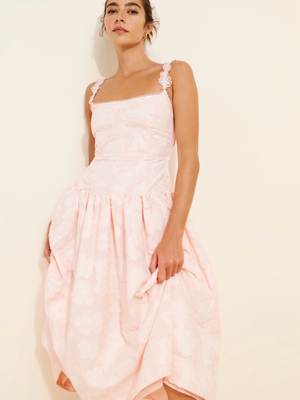 For Love & Lemons Pale Pink Floral Midi Dress